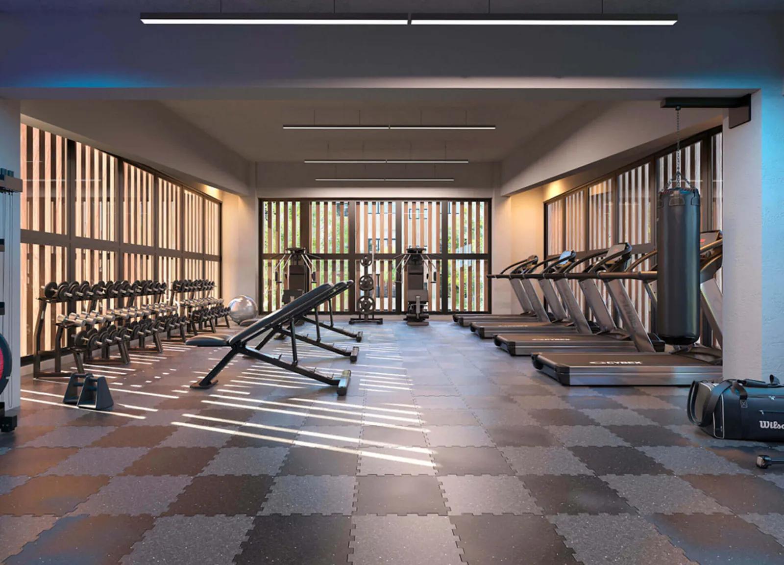 Gimnasio de Brisas de las Colinas 5 con máquinas y piso de goma