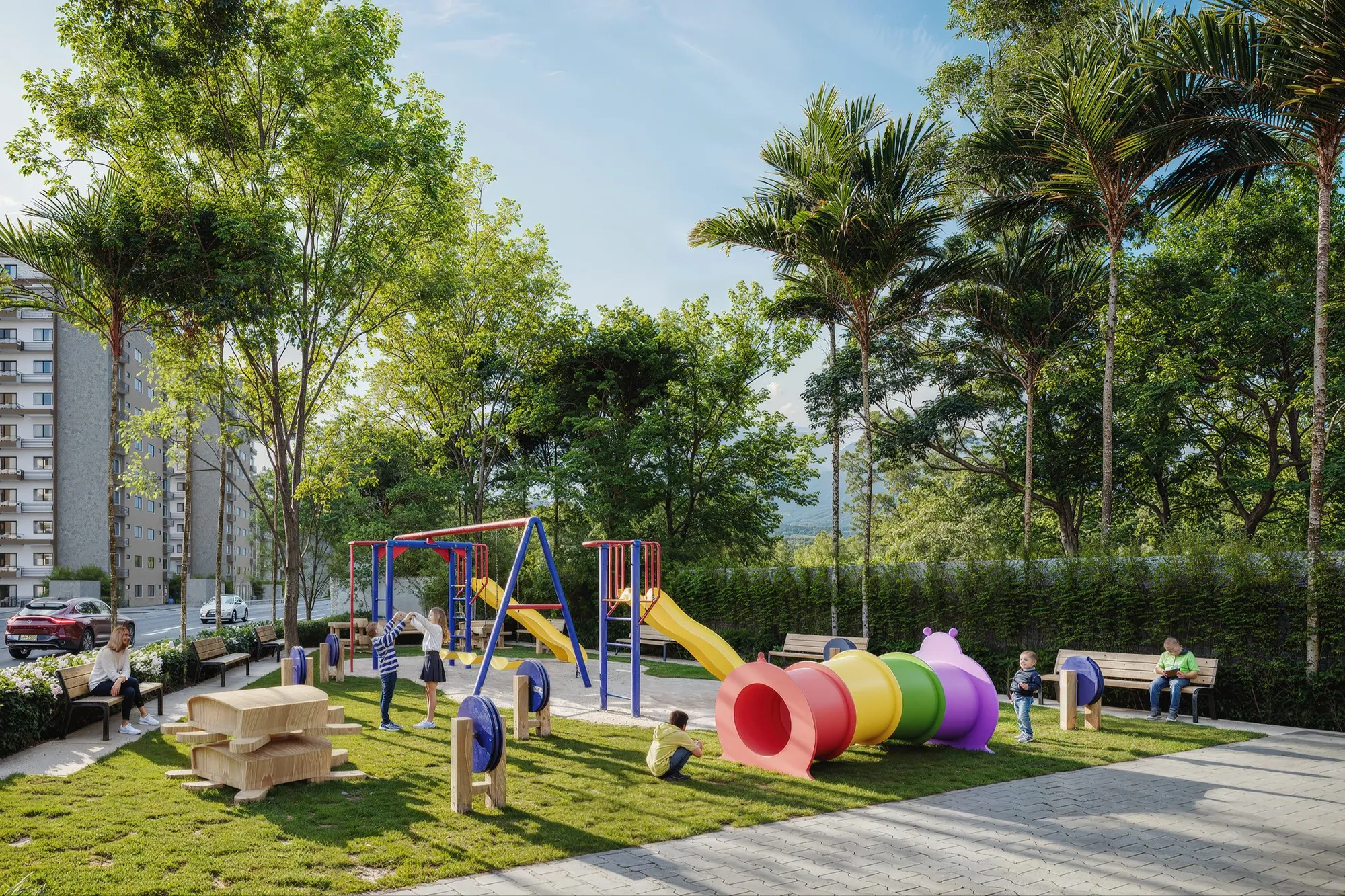 Parque infantil de Brisas 6 con columpios, toboganes y juegos para niños