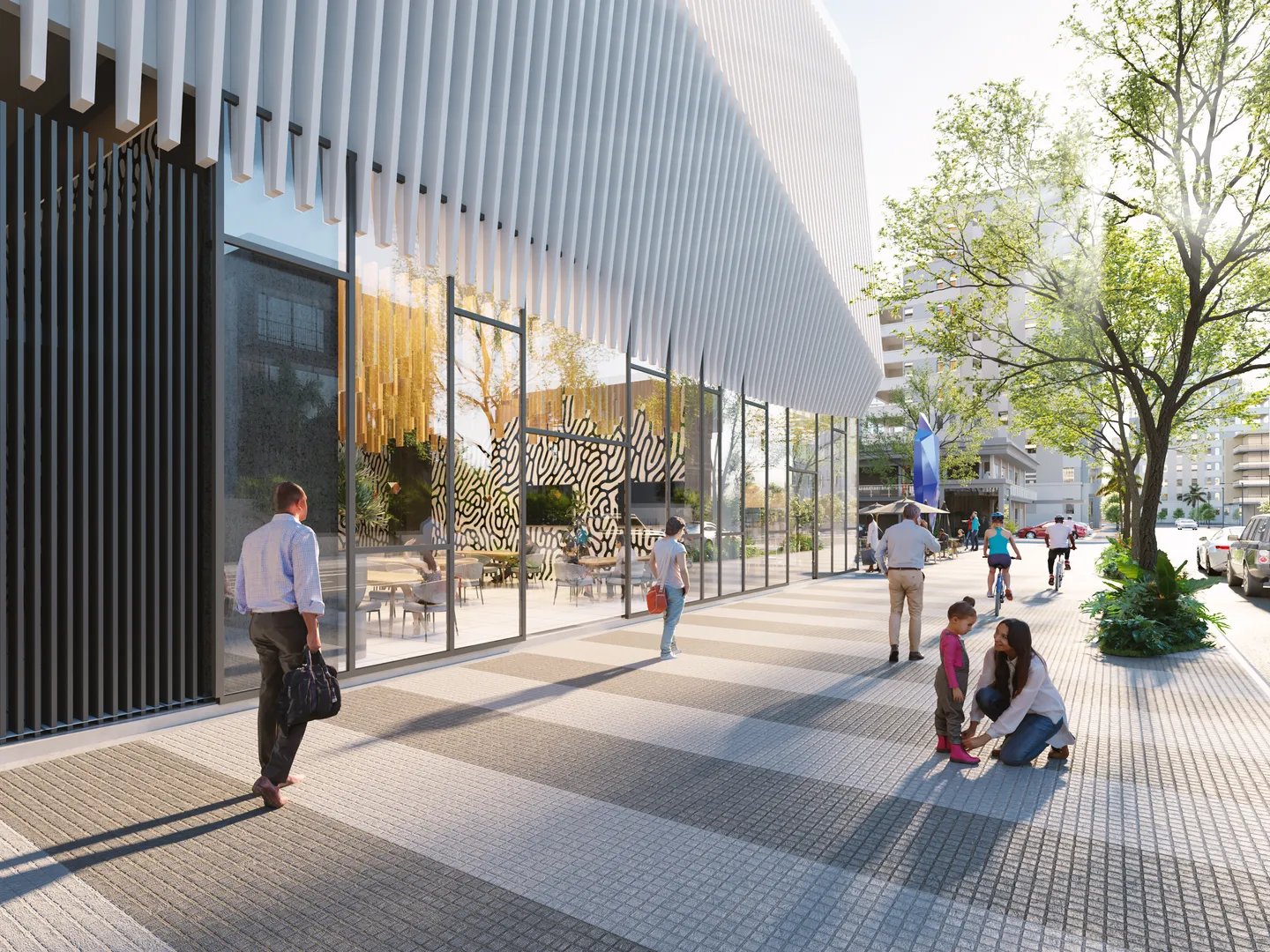 Paseo comercial bajo la marquesina de lamas de Torre Parkside