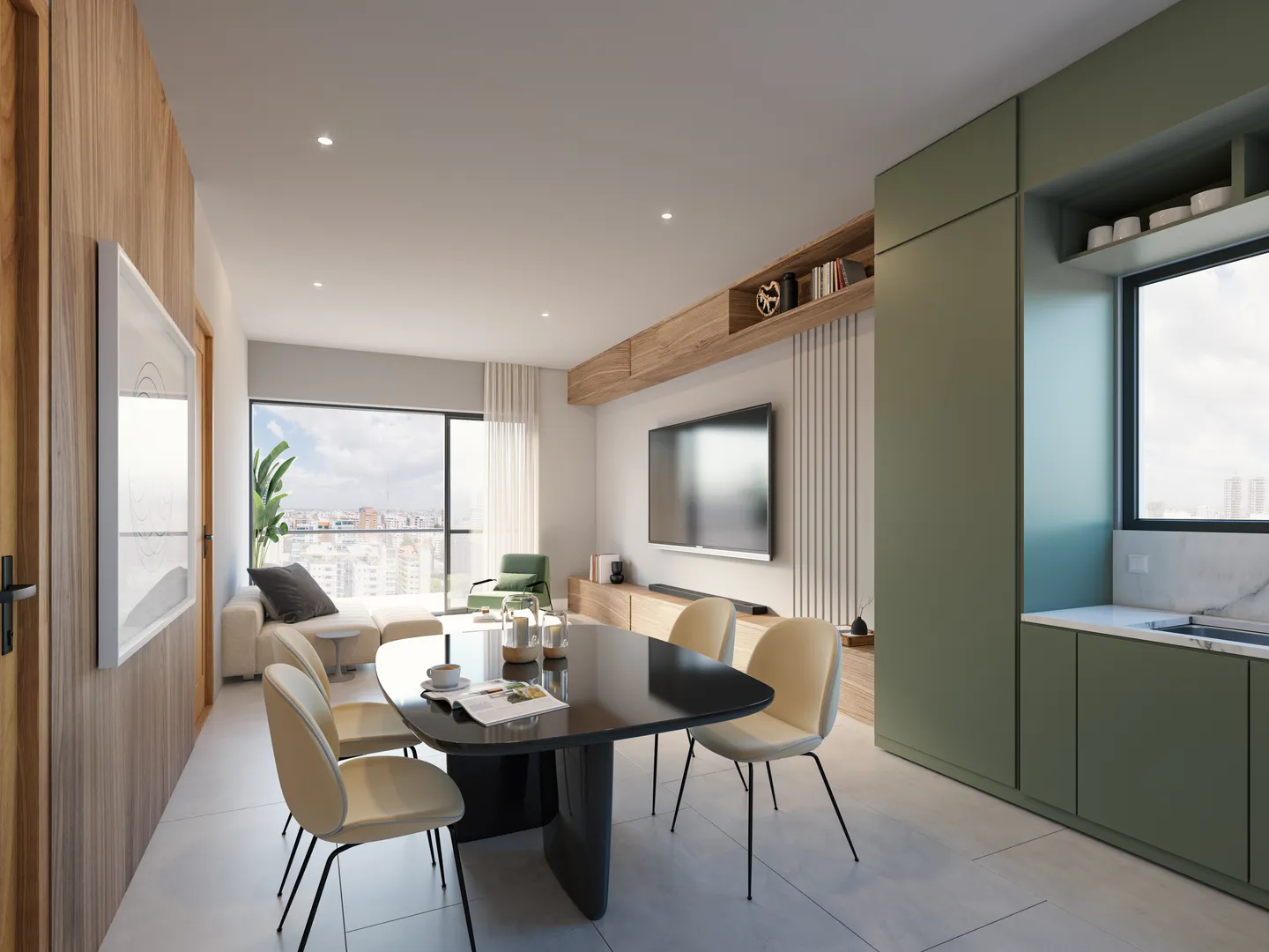 Sala-comedor de una residencia con mobiliario verde y ventana hacia la ciudad