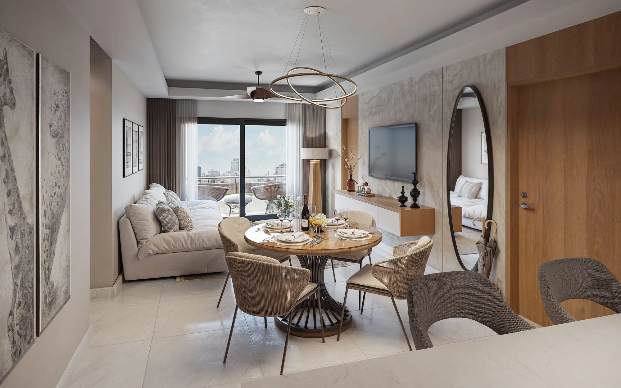 Sala y comedor de la tipología A de Brisas de las Colinas 6 con ventanal hacia la ciudad