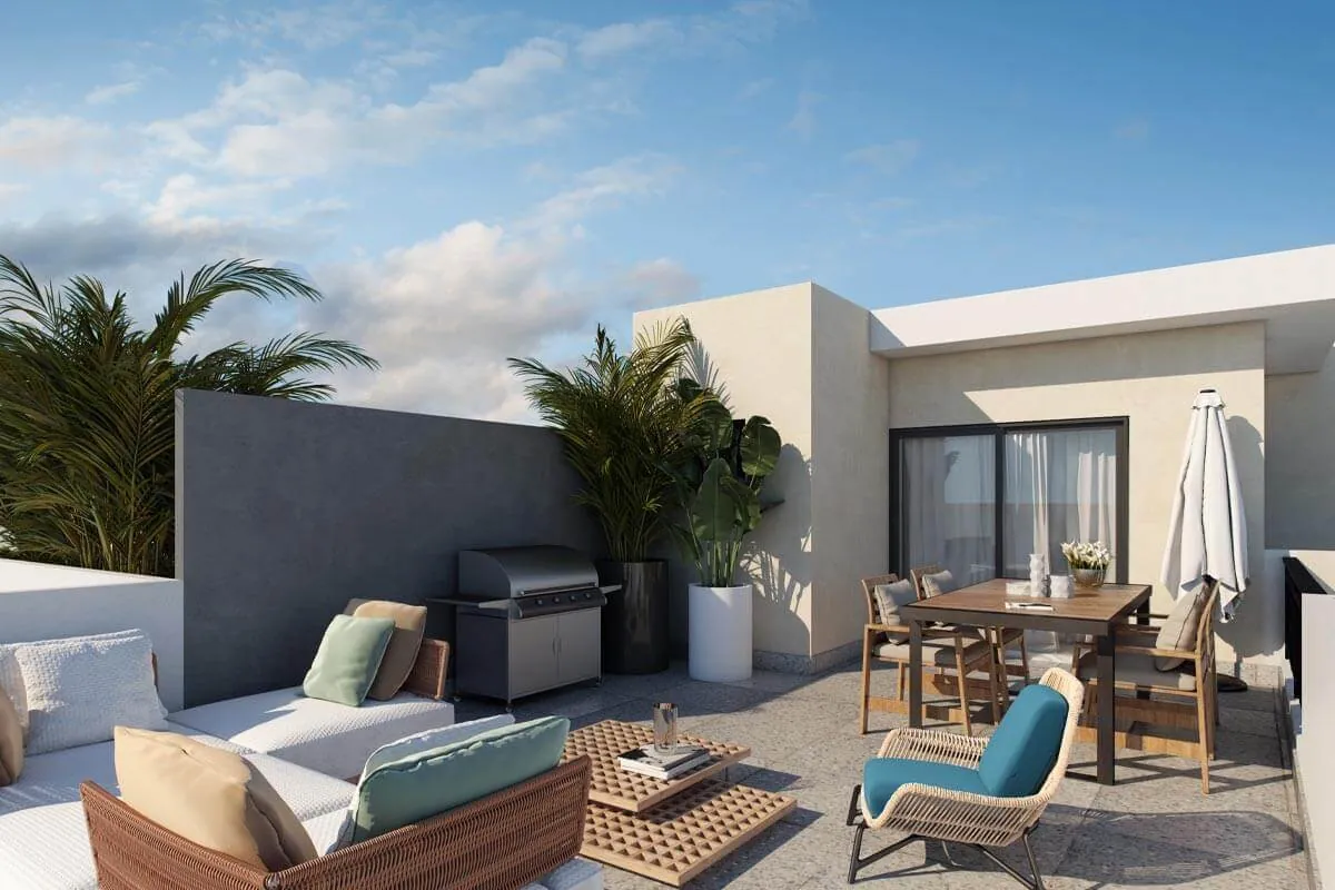 Terraza en el techo con sala exterior y comedor