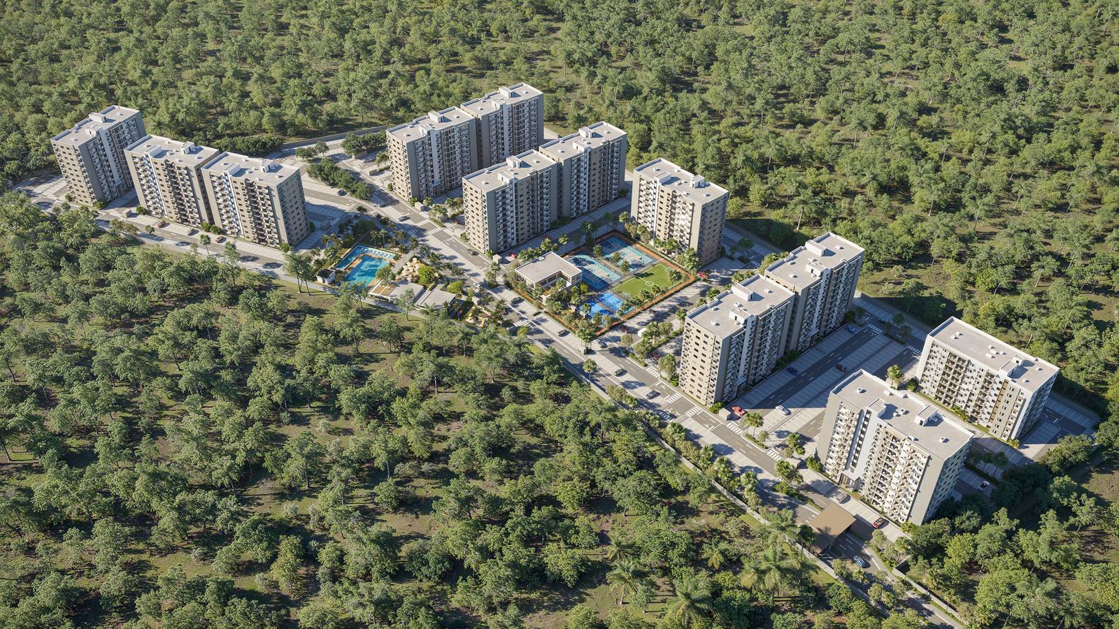 Vista aérea de la comunidad Brisas de las Colinas 6 con sus torres entre áreas verdes