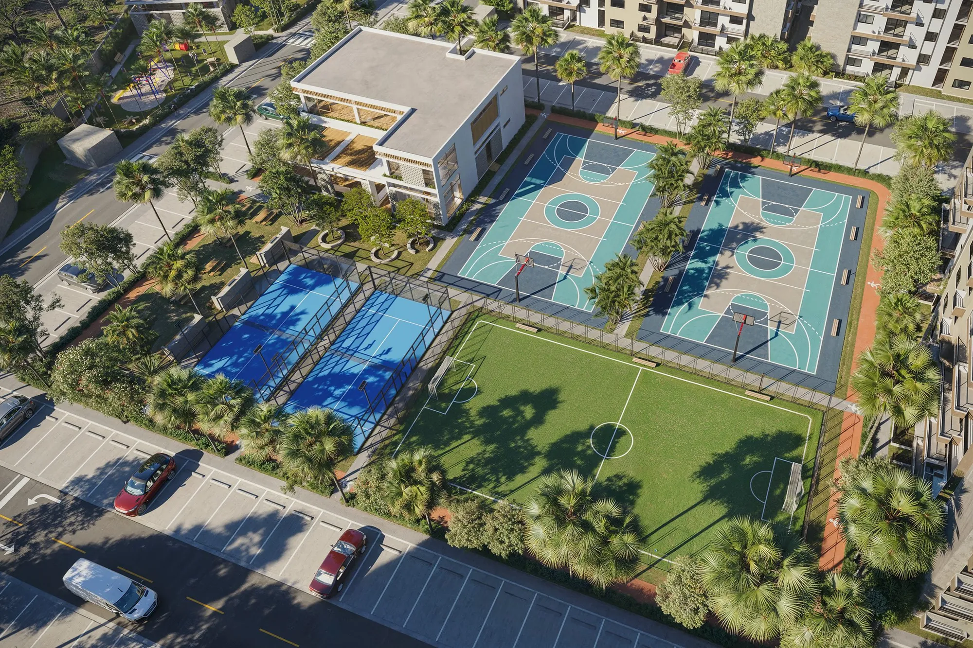 Vista aérea de las canchas de pádel, básket y fútbol junto a la casa club de Brisas 6